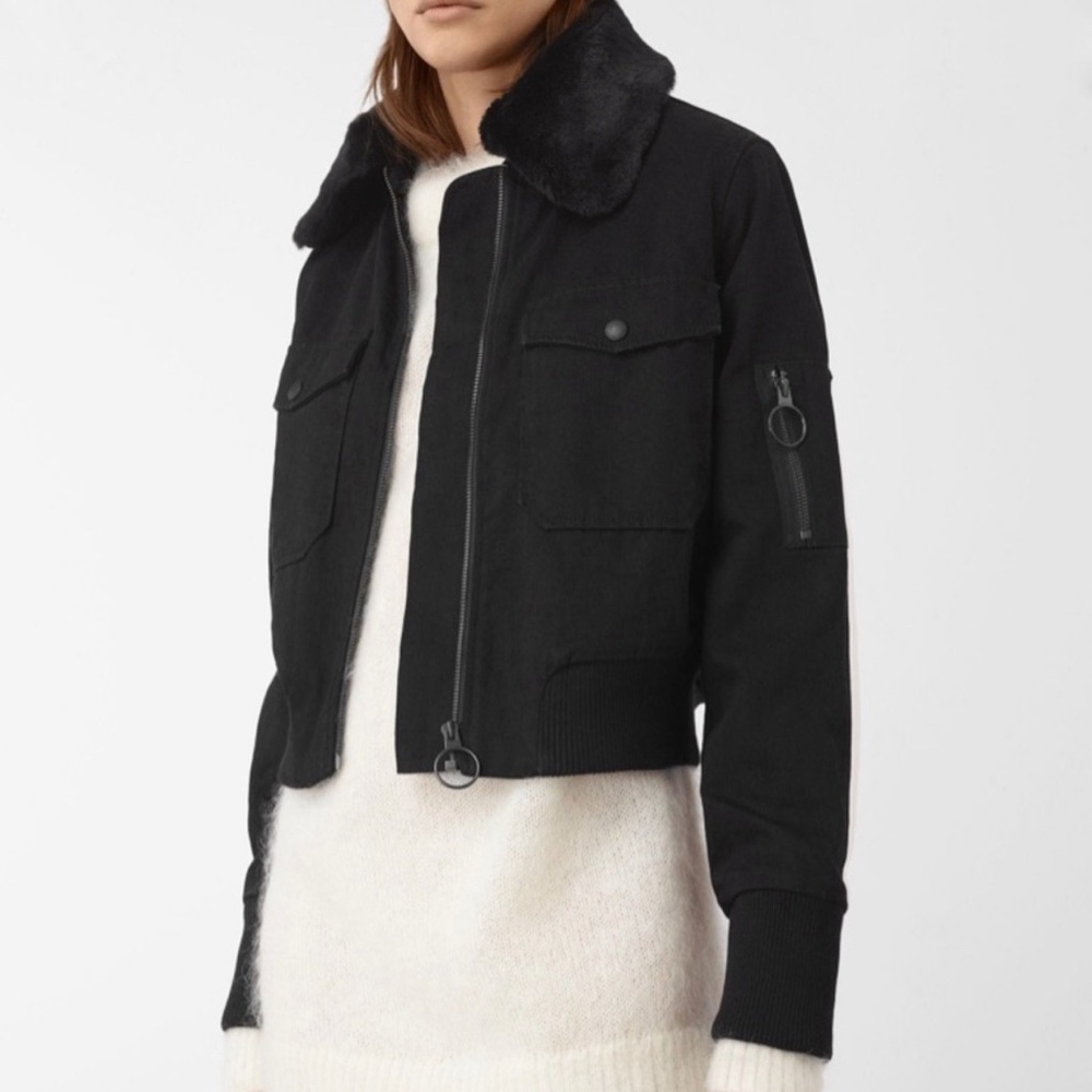 AllSaints North Denim Faux Fur Bomber Jacket Black Full Zip
